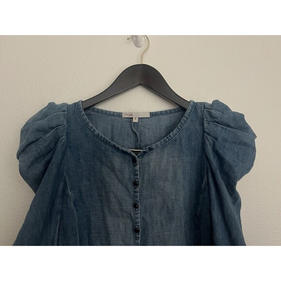 Maje Denim Blue Puff Sleeve Mini Dress Small Boho Western Button Front Coastal - Picture 2 of 7